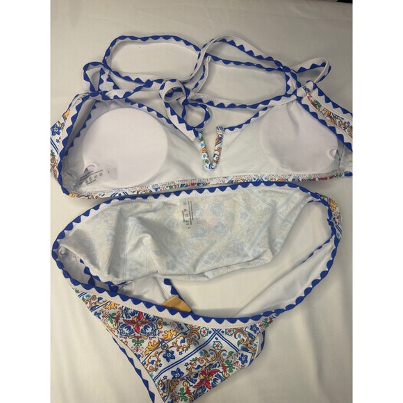 Womens Mediterranean Tile Print Bikini Set Blue White Scalloped Ric Rac Size L - Picture 4 of 4